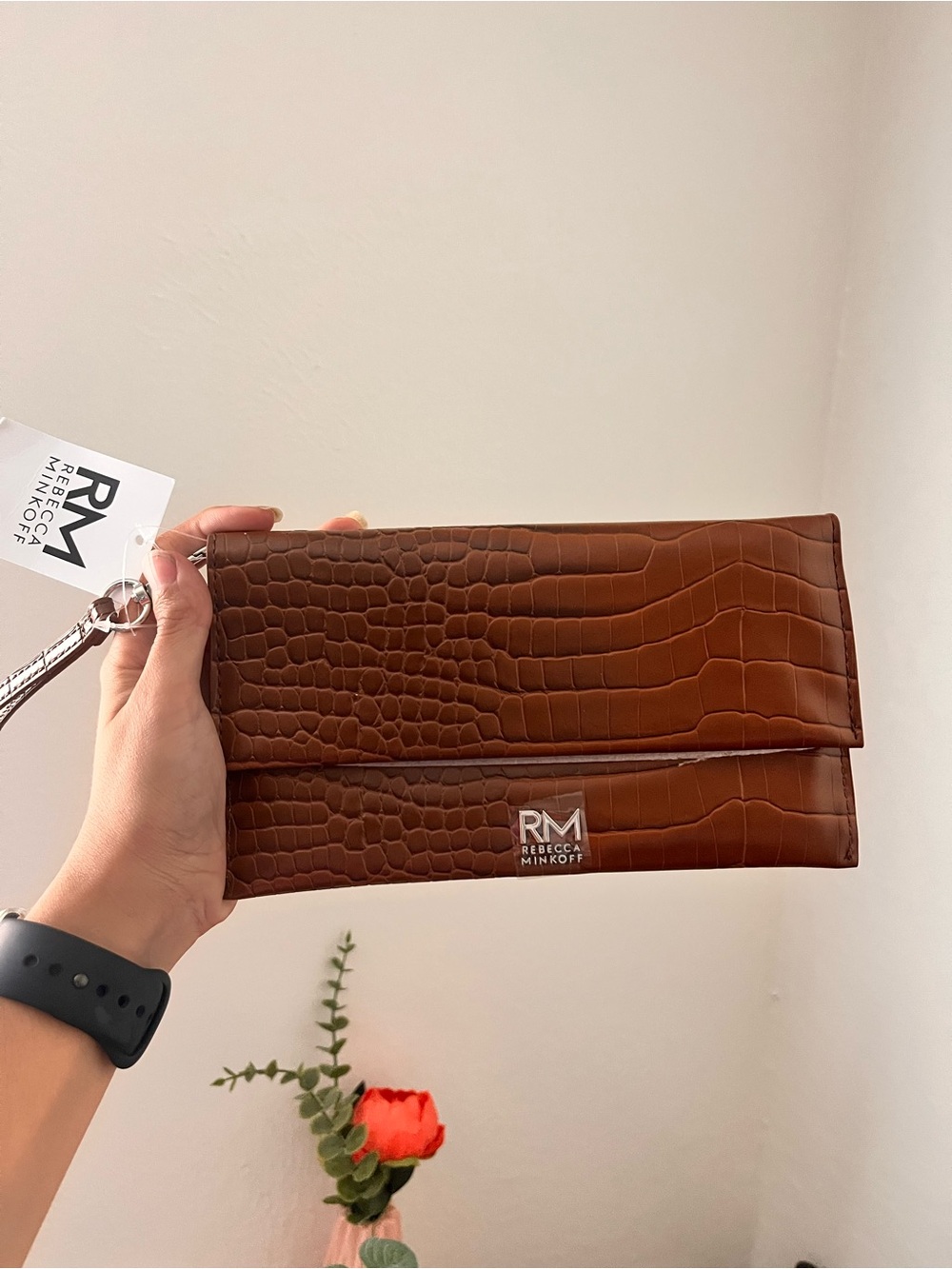 Rebecca Minkoff Women’s Brown Croc-Embossed Foldover Clutch Wallet